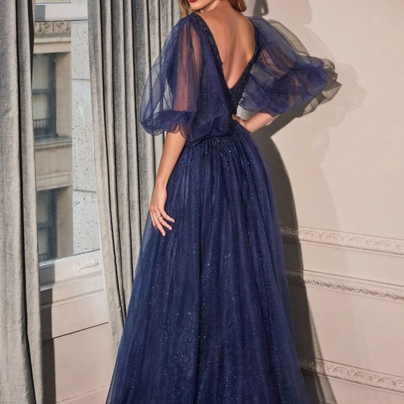 ENGLISH VIOLET PROM PARTY PUFFY SLEEVES A-LINE GLITTER TULLE A-LINE DRESS cd0182 - Picture 3 of 8